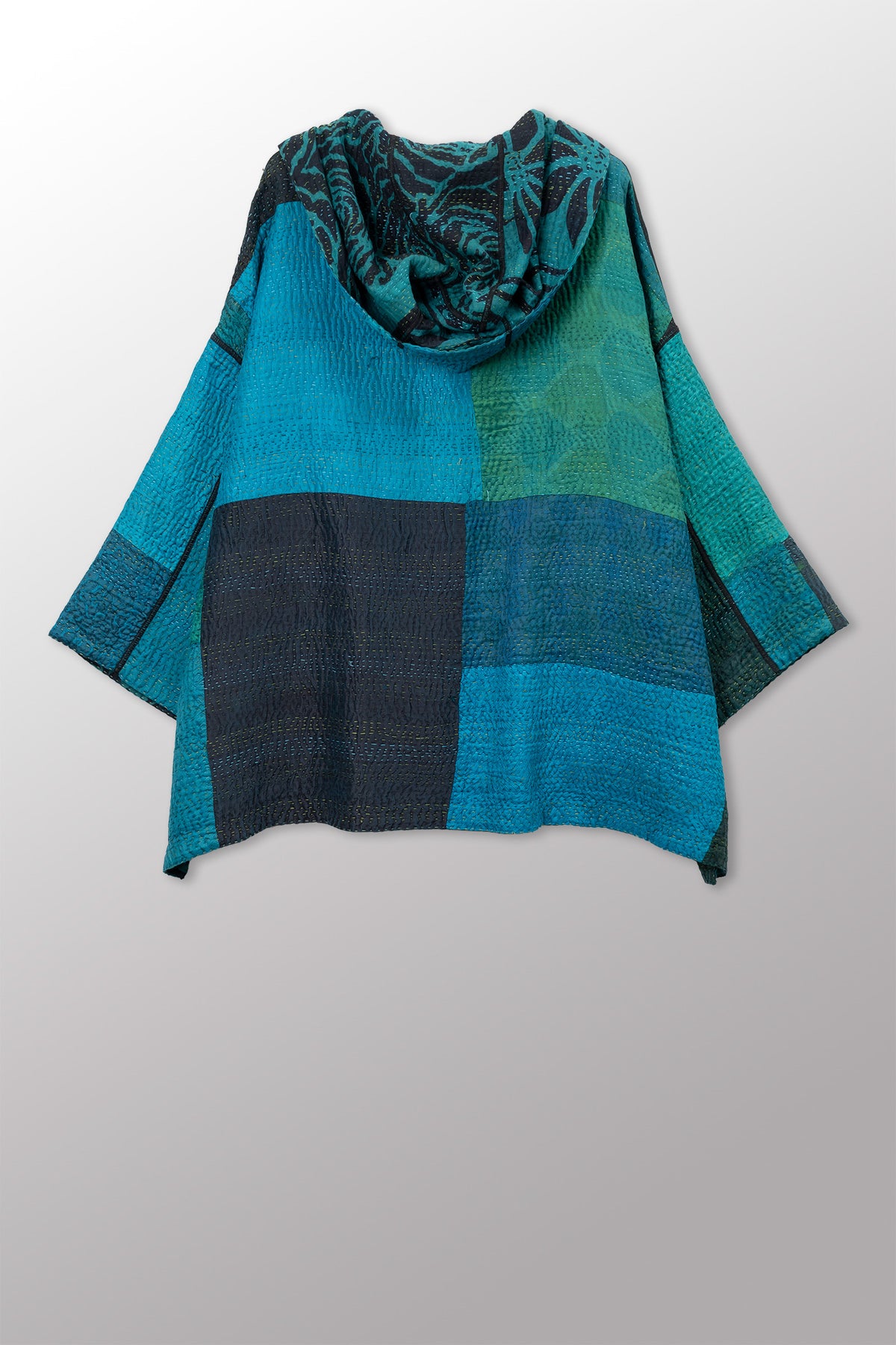 EMERALD GREEN KANTHA HOODIE PONCHO - eg4064-tel -