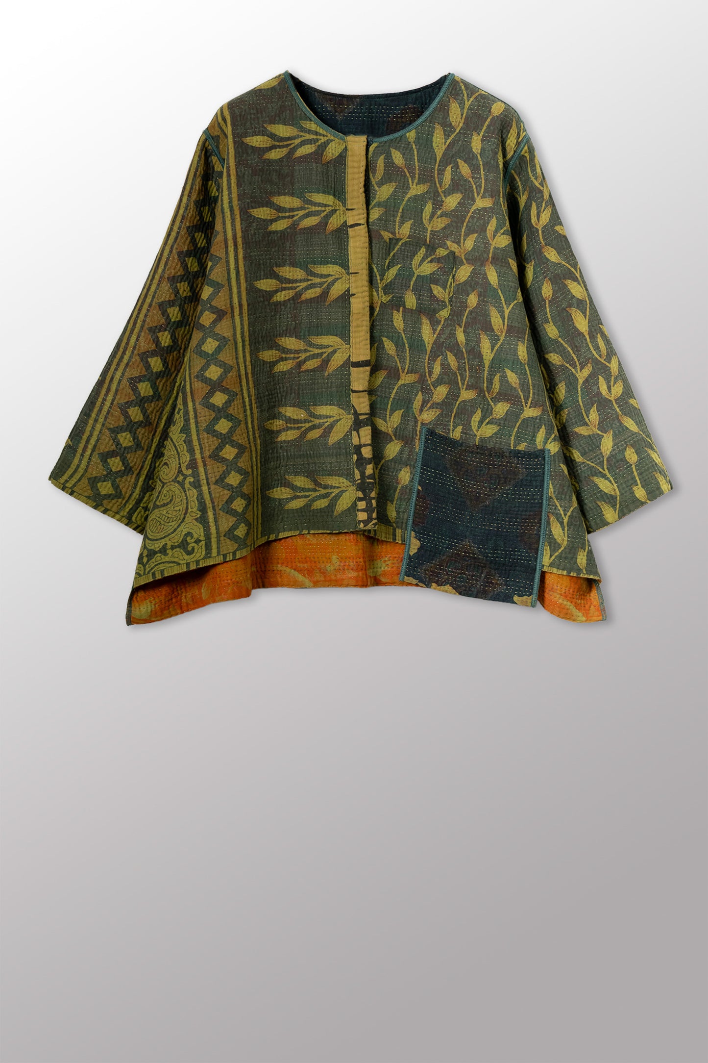 COTTON OVERDYE KANTHA A-LINE SHORT JACKET - ov4019-cgrn003a -