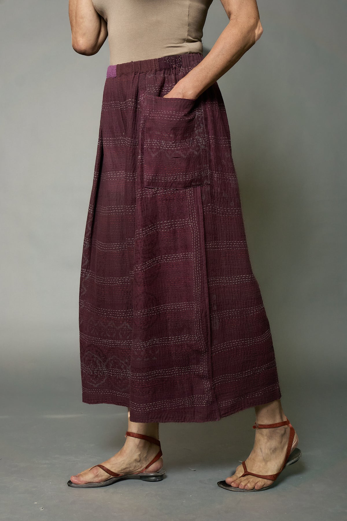 MOSAIC FRAY PATCH KANTHA PLEATED WIDE LEG PANTS - zb2678-prp -