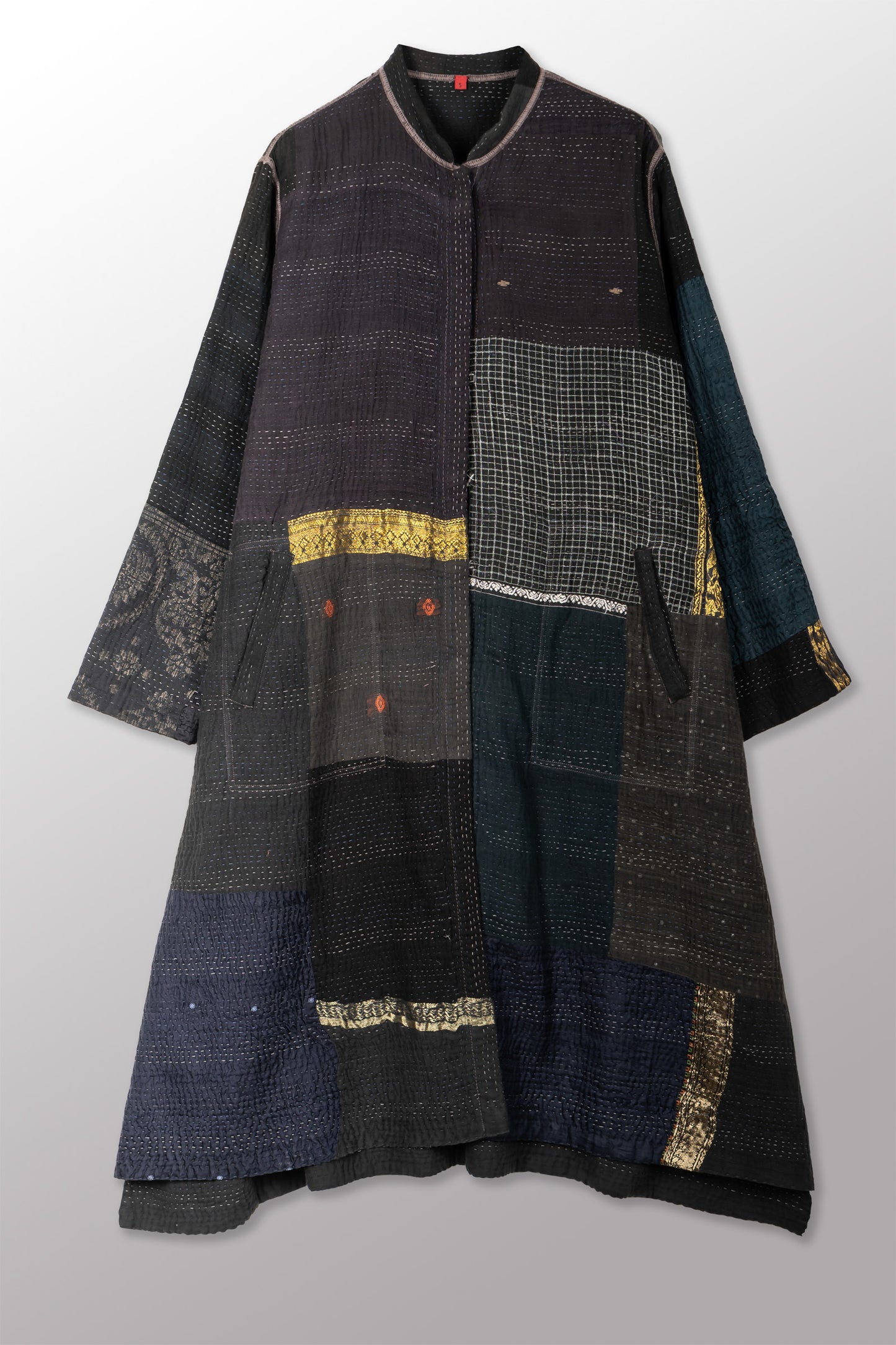COTTON SILK SW PATCH KANTHA KAFTAN COAT - ws4343-blk -