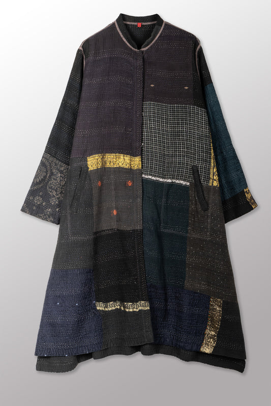 COTTON SILK SW PATCH KANTHA KAFTAN COAT - ws4343-blk -