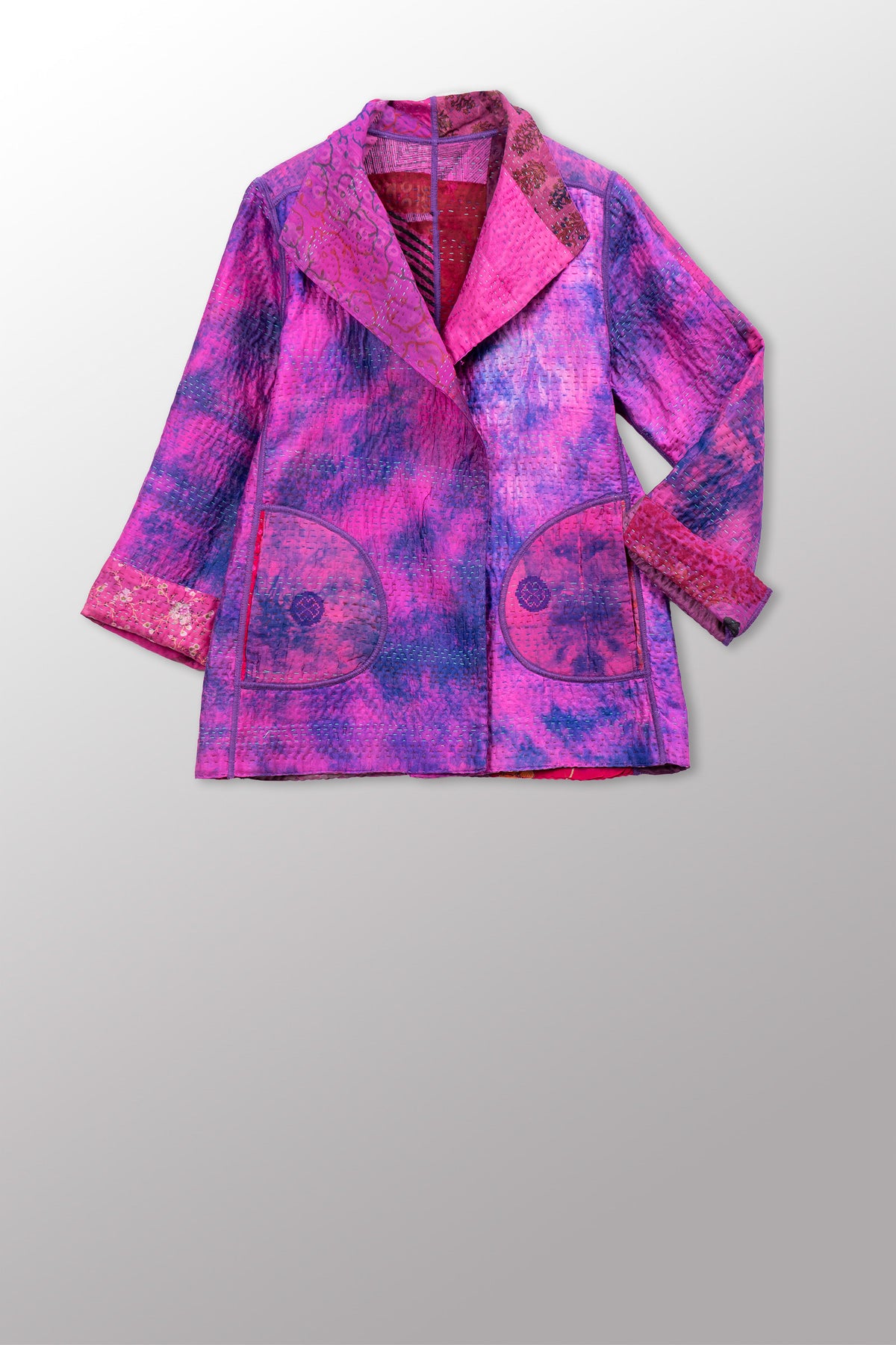 GEORGETTE JACQUARD VINTAGE SILK PATCH KANTHA SHORT JACKET - gj4007-pik -