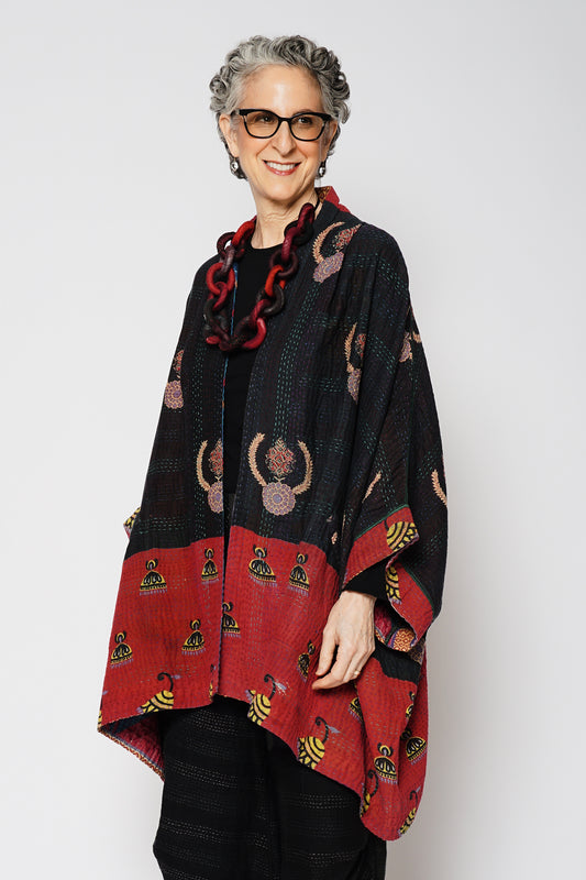 VINTAGE COTTON KANTHA DOUBLE COLLAR PONCHO - cv4323-0065a -