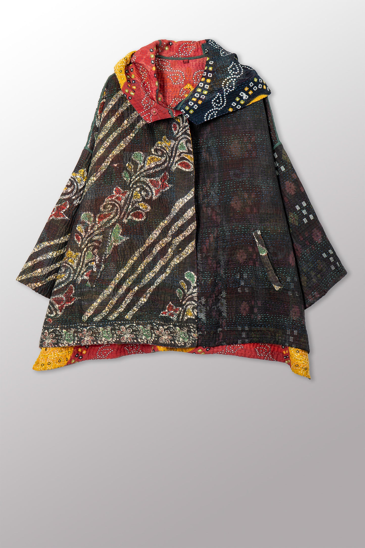 VINTAGE COTTON KANTHA HOODIE PONCHO - cv4064-0037a -