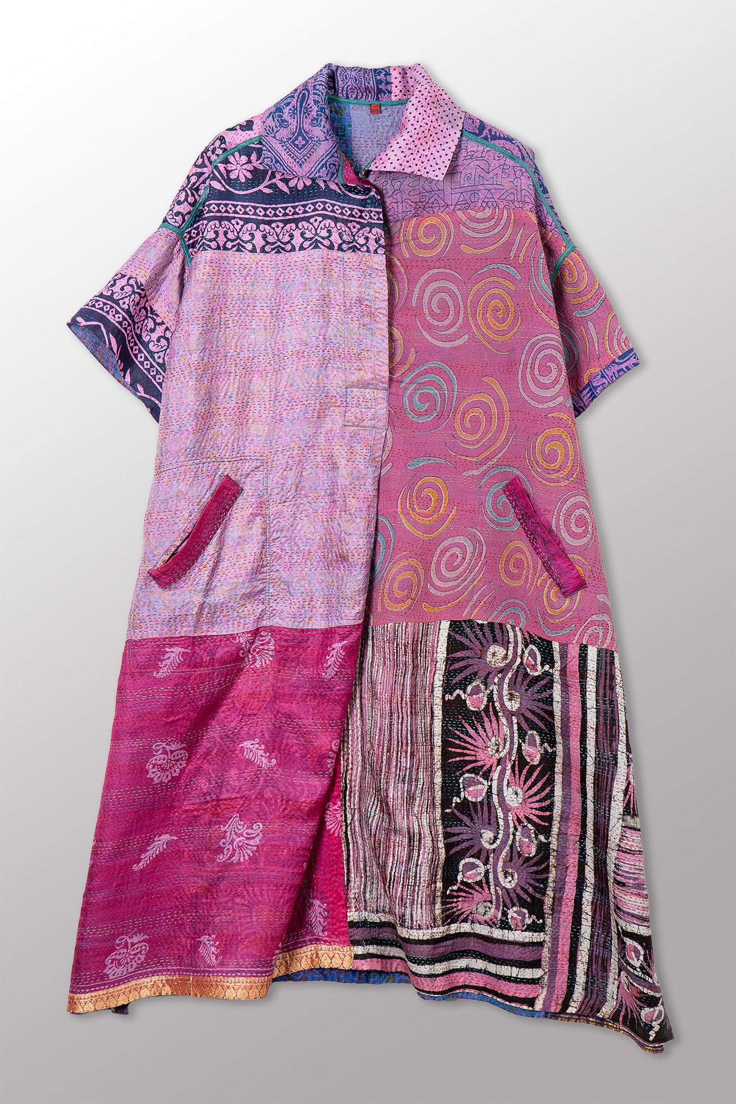 VINTAGE SILK KANTHA WING COLLAR DRESS - sv2454-0001a -