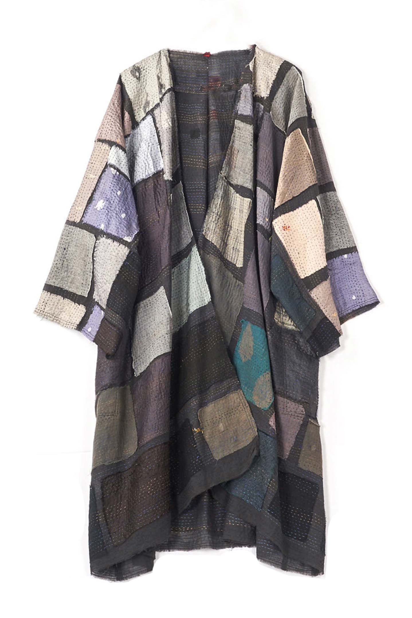 TONAL TILE PATCH KANTHA KIMONO DUSTER - tt2317-gry -