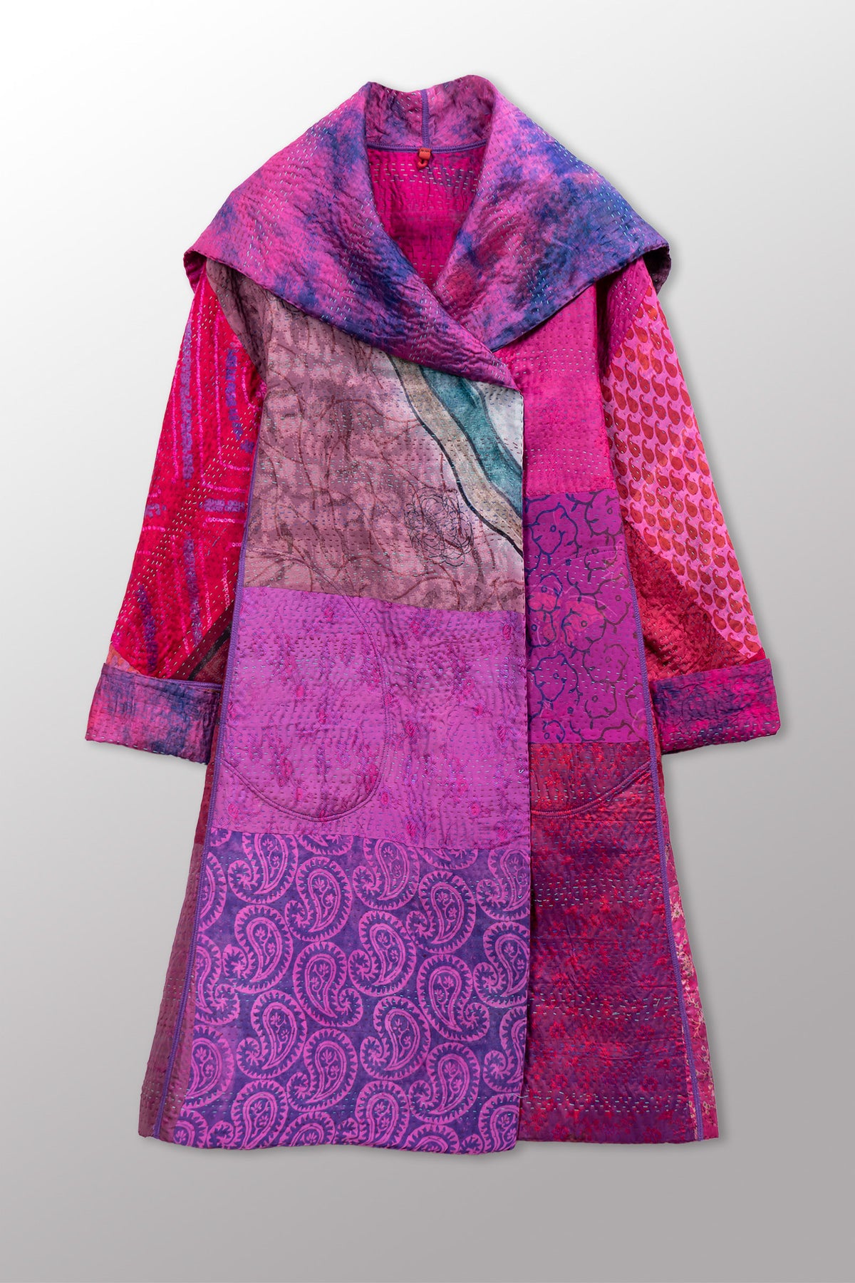 GEORGETTE JACQUARD VINTAGE SILK PATCH KANTHA A-LINE COAT - gj4309-pik -