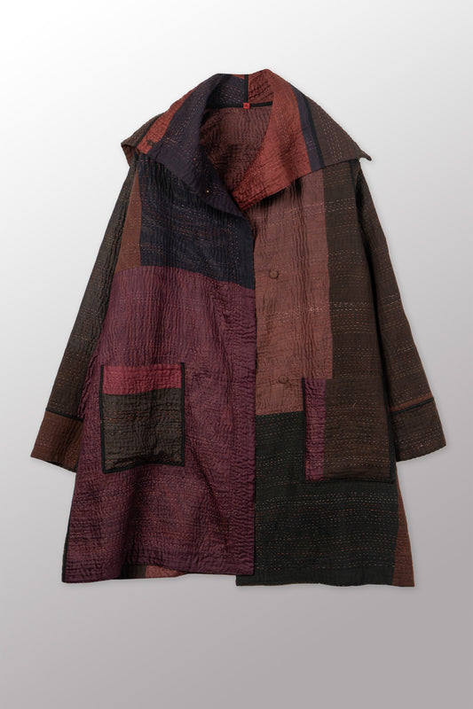 JACQUARD SILK KANTHA POCKET MEDIUM COAT - js4316-brn -