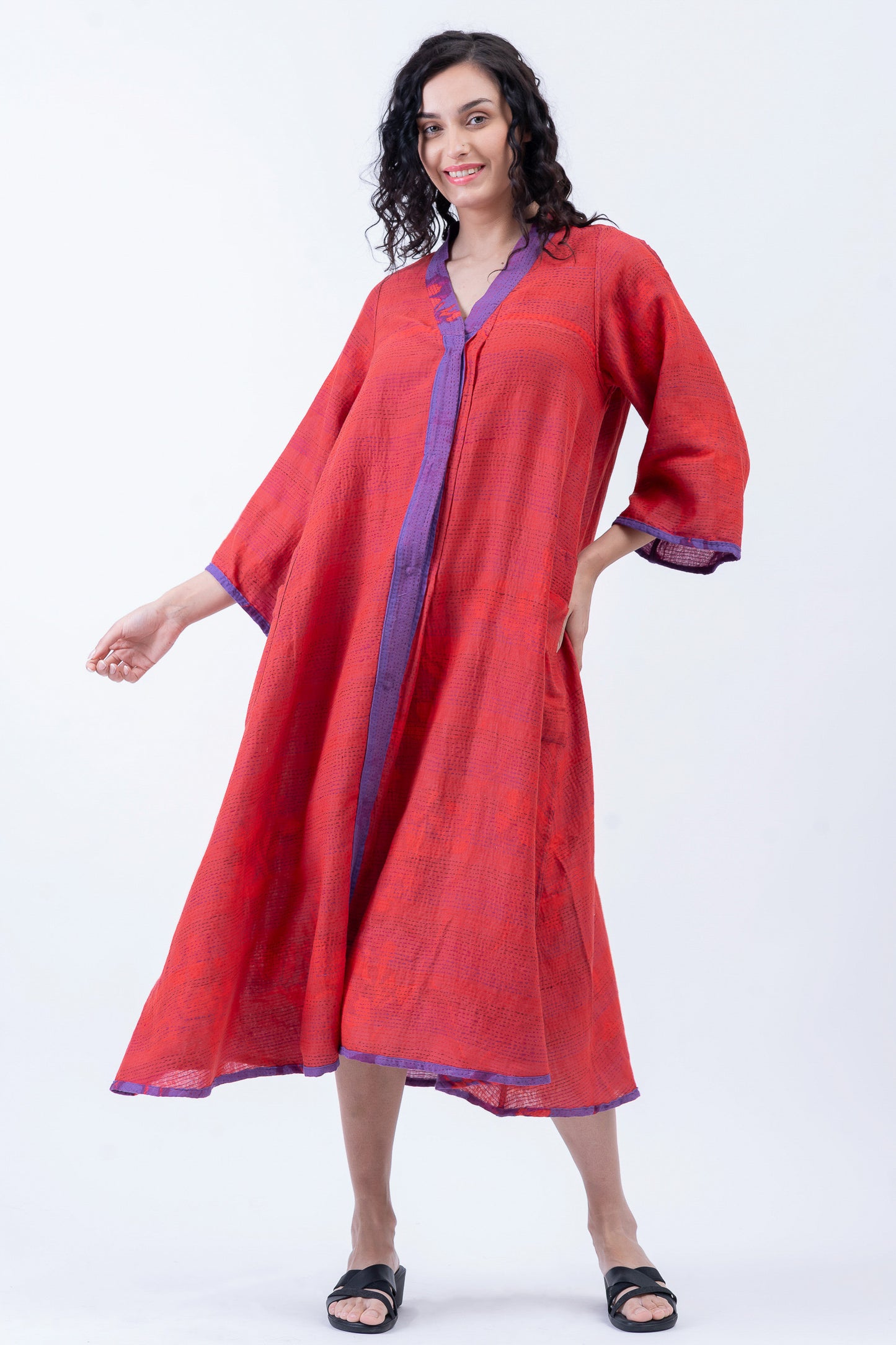 BLOOMING FLOWERS KANTHA V-NECK FLARE SLEEVE DRESS - bf2445-prp -