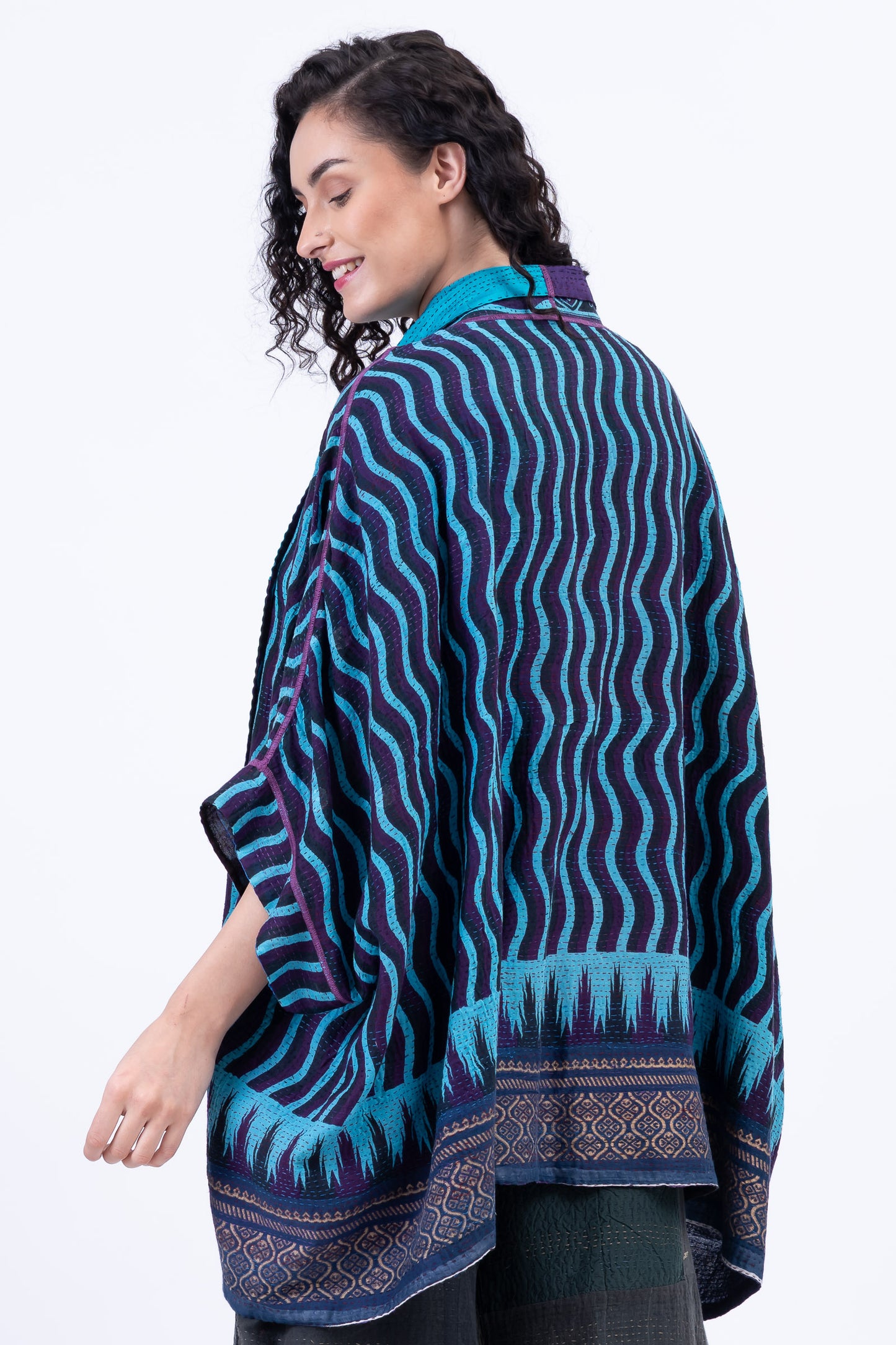 DESERT WAVES KANTHA DOUBLE COLLAR PONCHO - dw2323-blu -