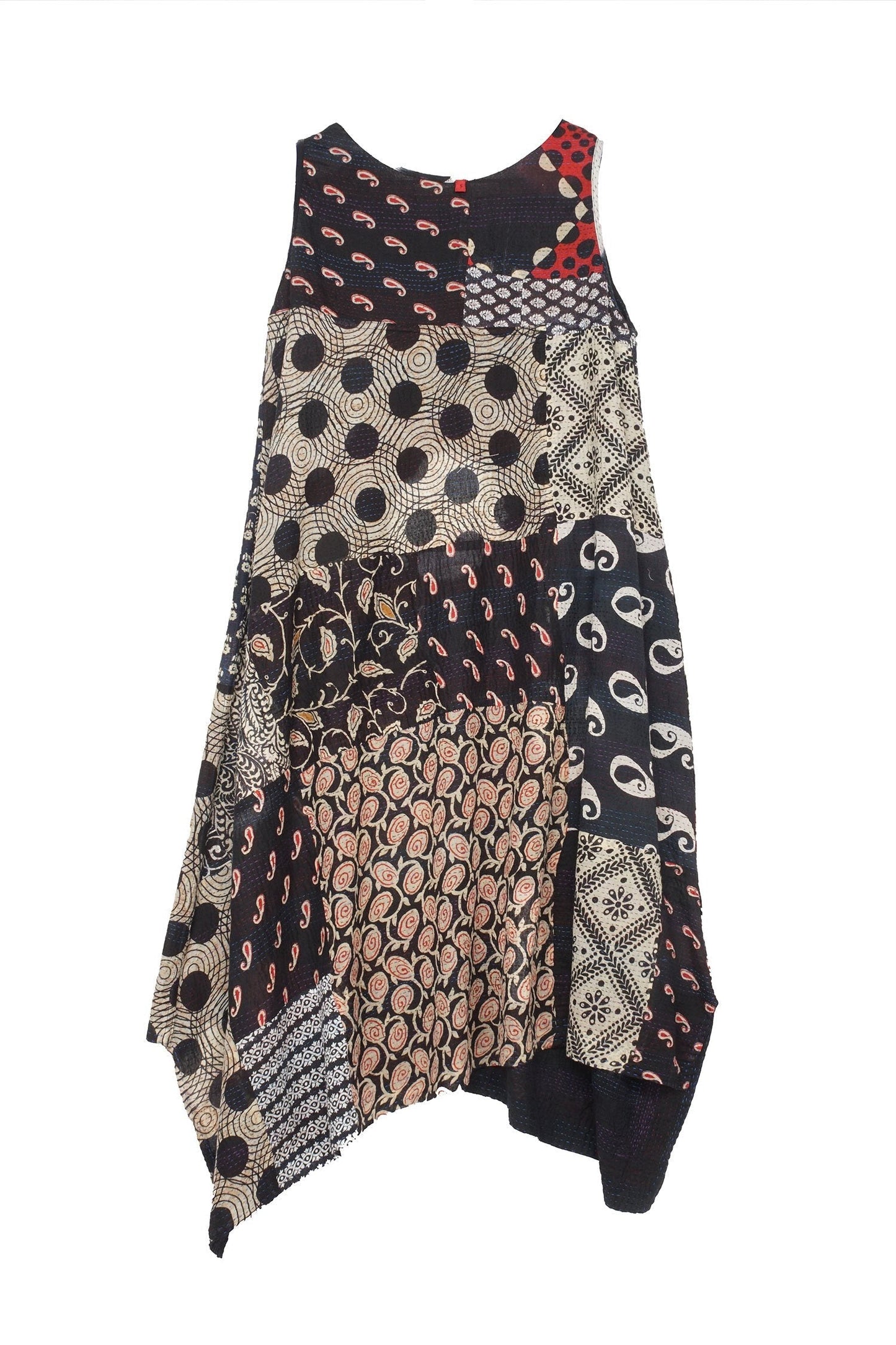 PATCH & CIRCLE PRINT KANTHA POINTY HEM DRESS - pc2415-blk -