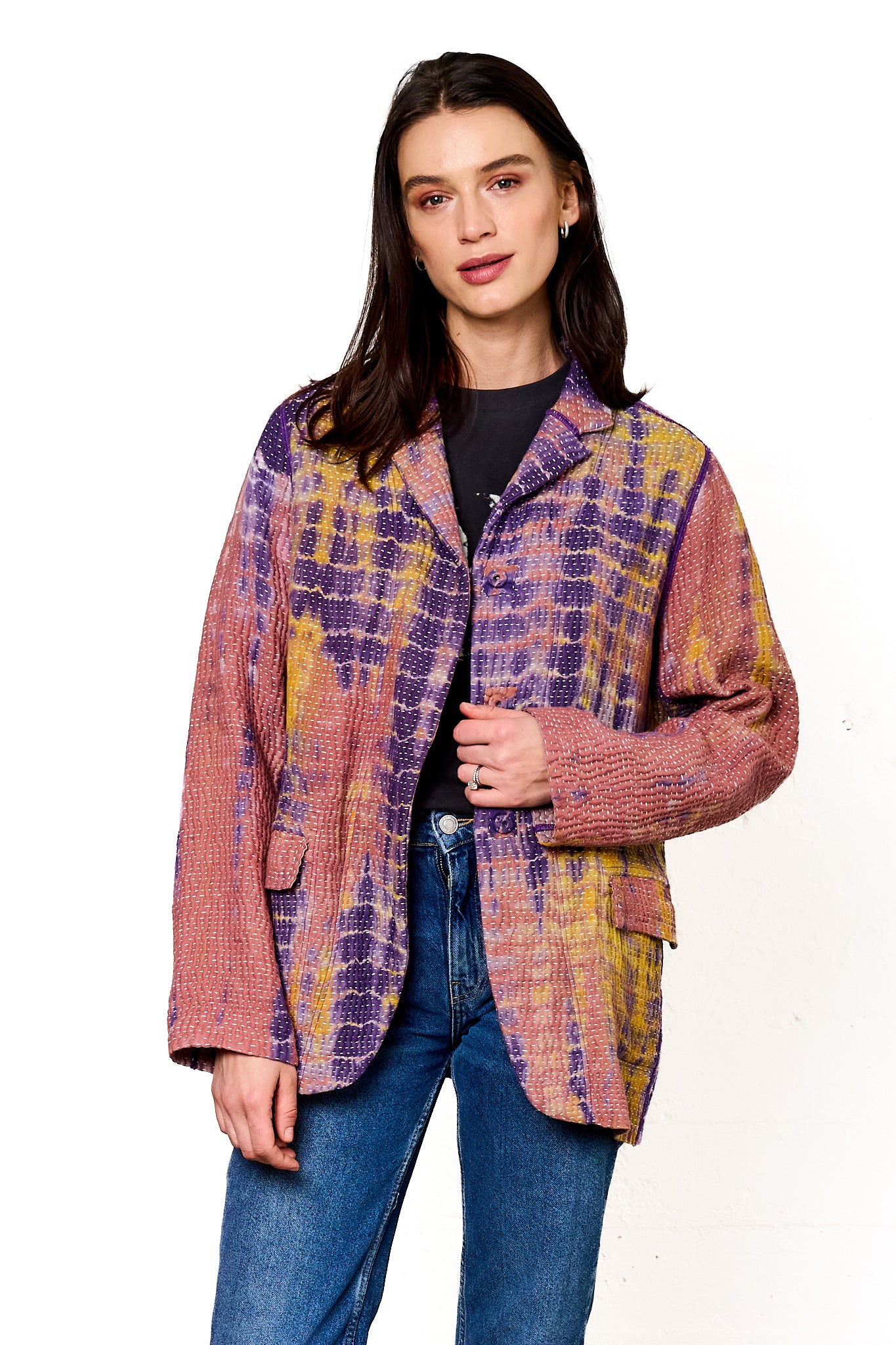 MONE SHIBORI TIE DYE KANTHA BASIC JACKET - ms5052-prp -