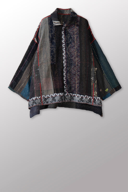 STRIPE RALLIS KANTHA OVERSIZED MINI COAT - pr4332-blk -