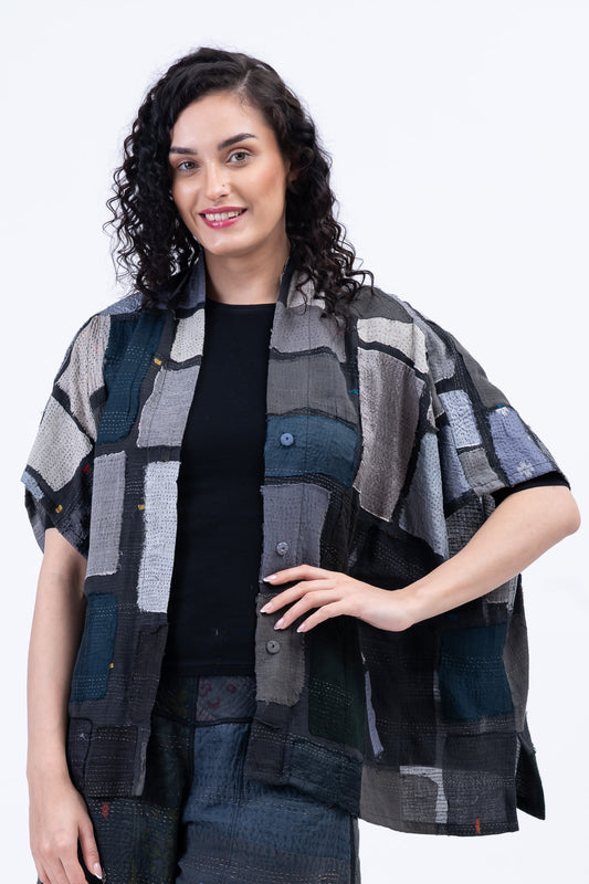 TONAL TILE PATCH KANTHA PONCHO TOP - tt2568-gry -