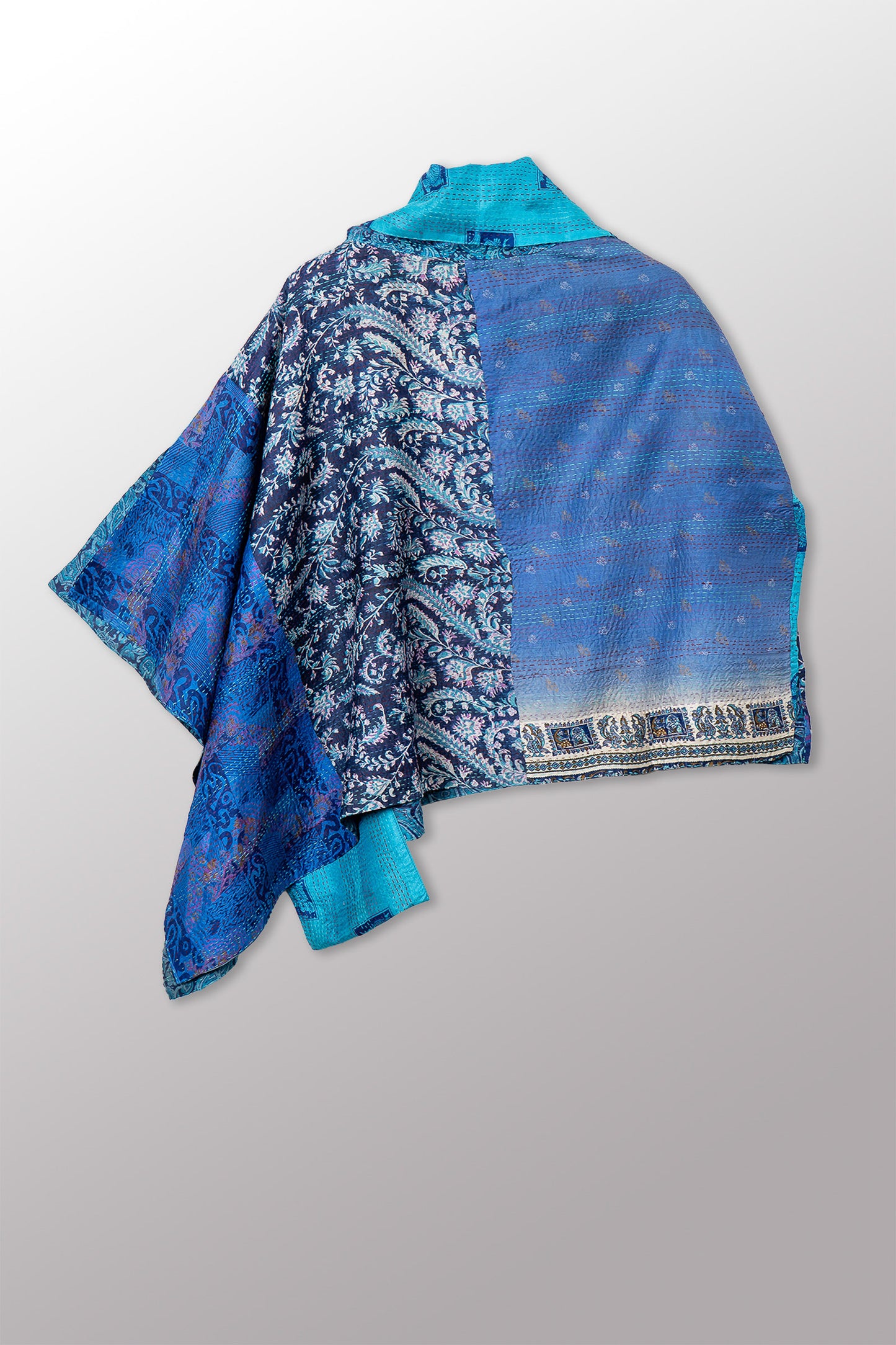 VINTAGE SILK KANTHA COWL NECK LONG CAPE - sv2842-0002a -