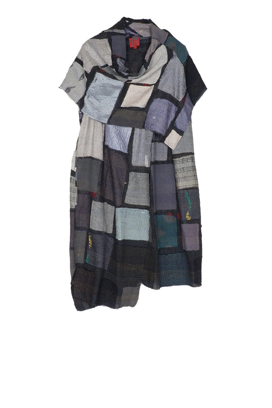 TONAL TILE PATCH KANTHA COWL NECK DRESS - tt2416-gry -