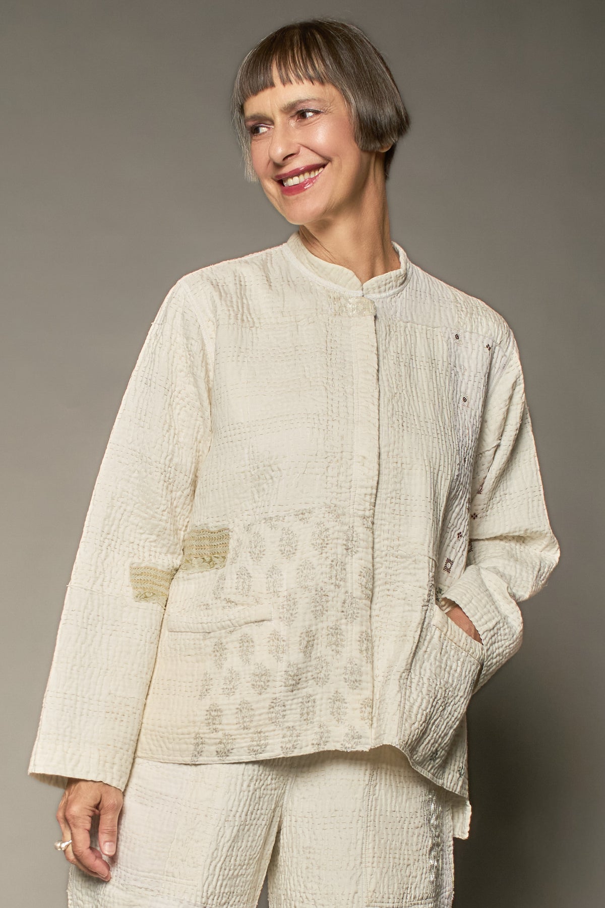 FRAYED PATCH KANTHA KAFTAN JACKET SHORT - fi4088-ivy -