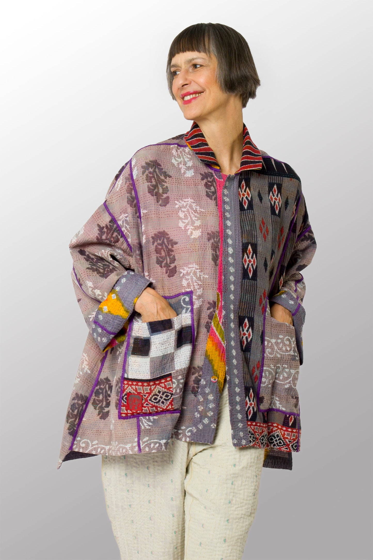 VINTAGE COTTON KANTHA OVERSIZED MINI COAT - cv2332-0007a -