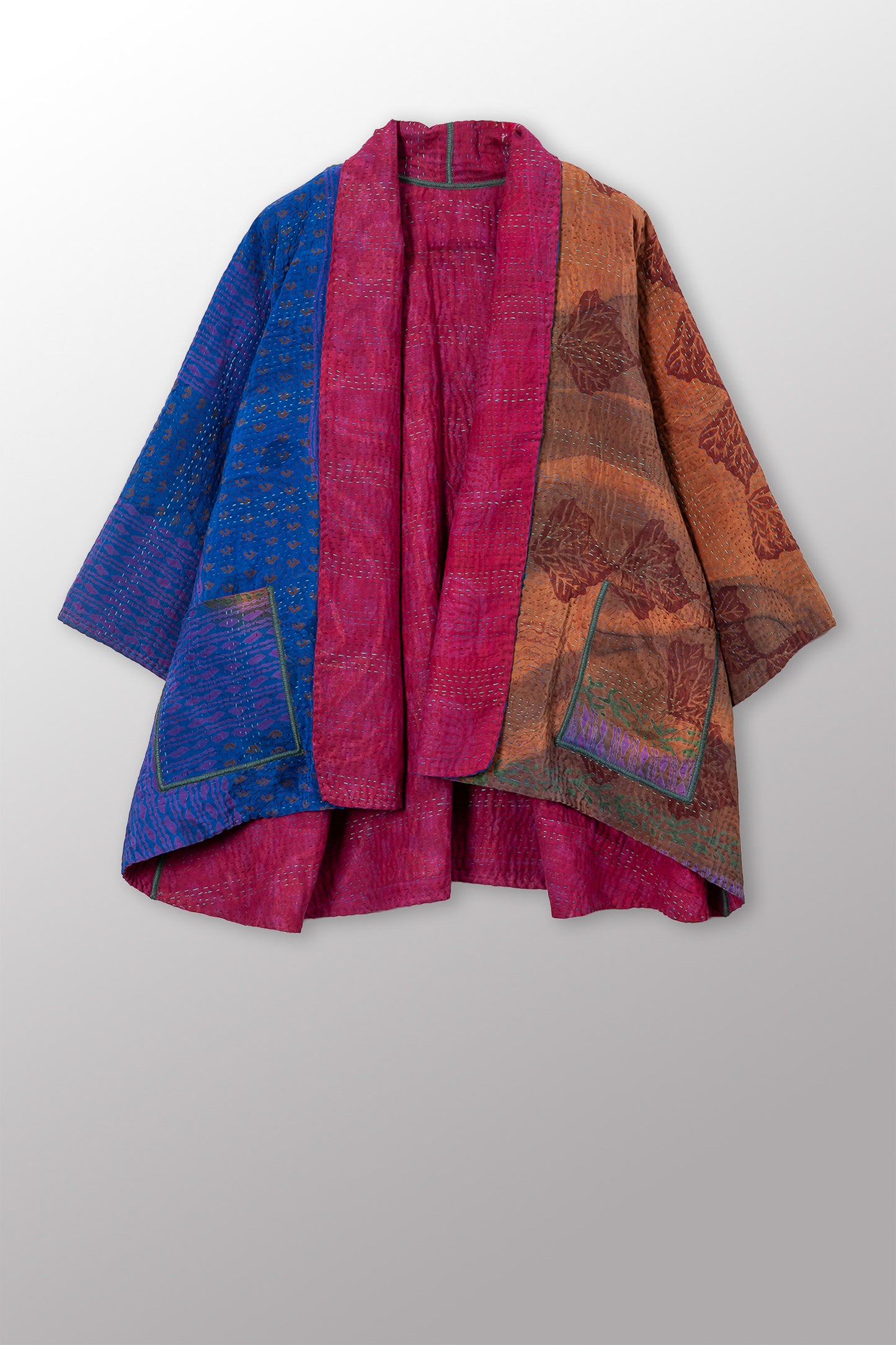 VINTAGE SILK GEORGETTE COTTON KANTHA KIMONO JACKET - gc4004-0001a -
