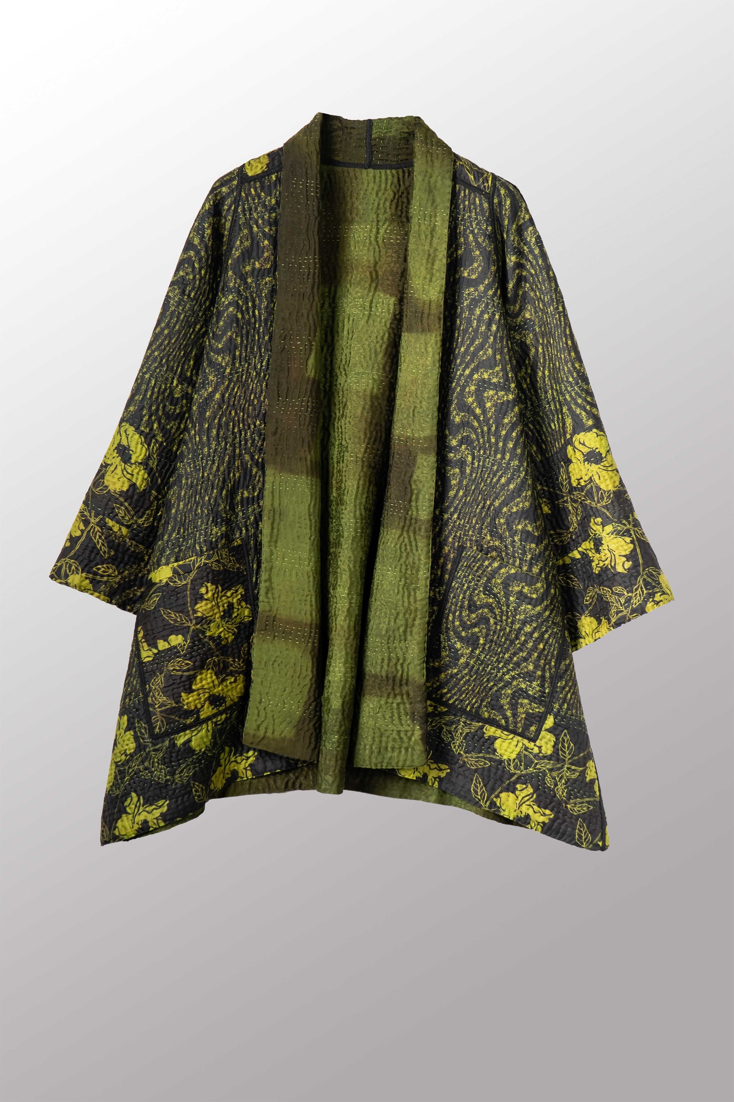 VINTAGE JACQUARD CLAMP DYE WITH PRINTED SILK KANTHA A-LINE JACKET - jk4003-0001a -
