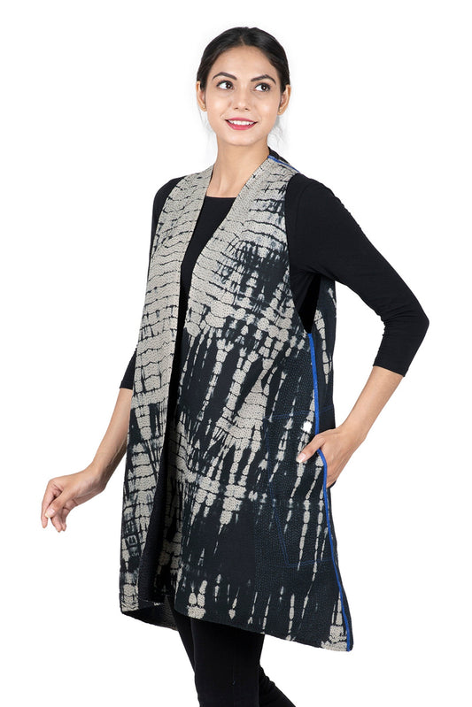 SERPENT PRINT KANTHA BACK PLEATED VEST - sp2221-blk -