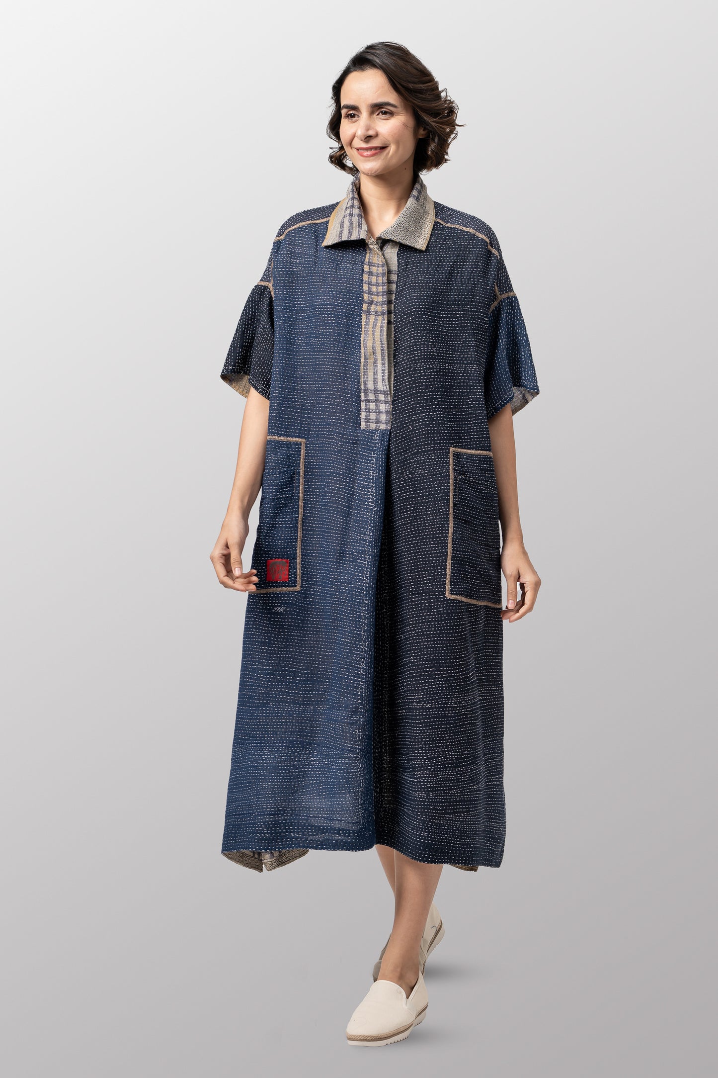 INDONESIAN PRINT VINTAGE INDIGO BACKING KANTHA WING COLLAR DRESS - bi2454-blu -