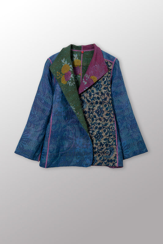 VINTAGE SILK GEORGETTE COTTON KANTHA SHORT JACKET - gc4007-0005m -