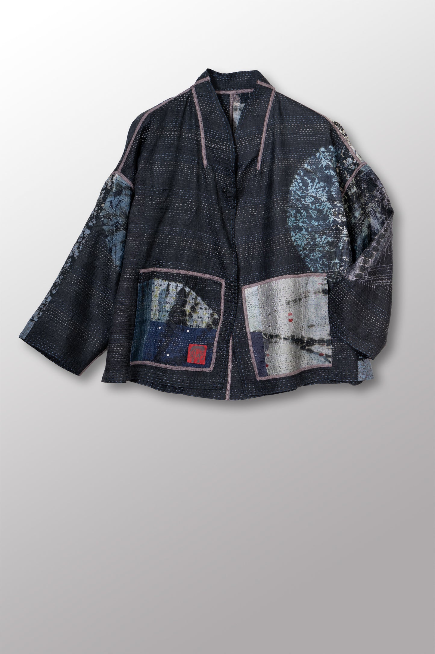 TIE DYE CIRCLE SHIBORI KANTHA STAND COLLAR CROPPED JACKET - td2034-blk -