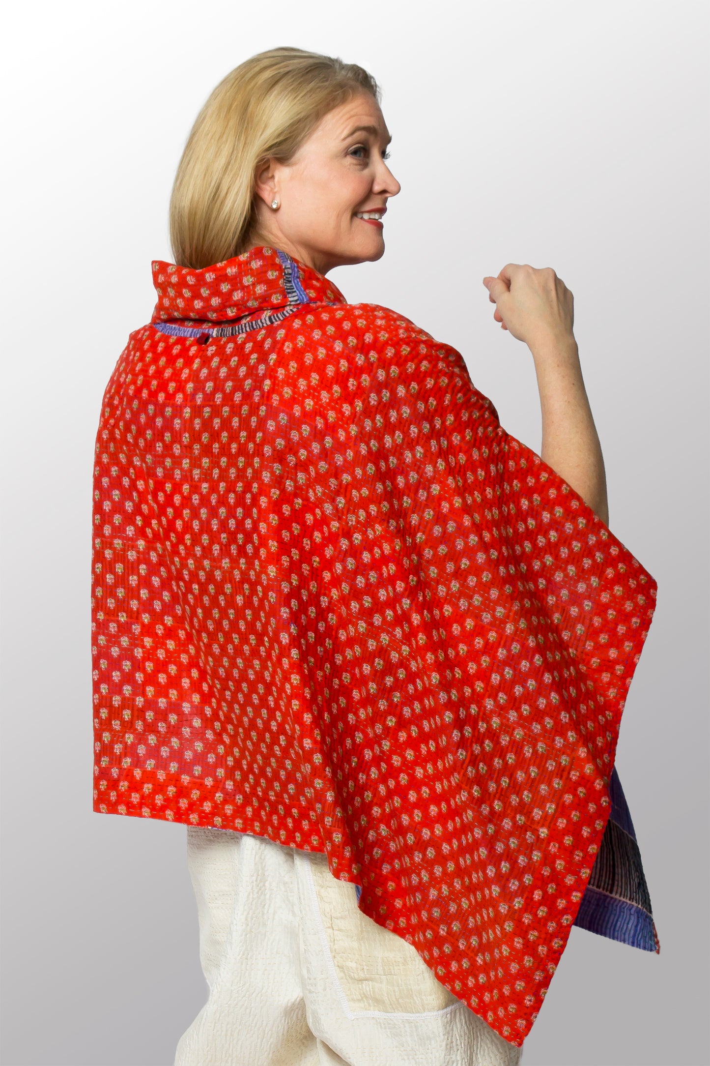 VINTAGE COTTON KANTHA COWL NECK LONG CAPE