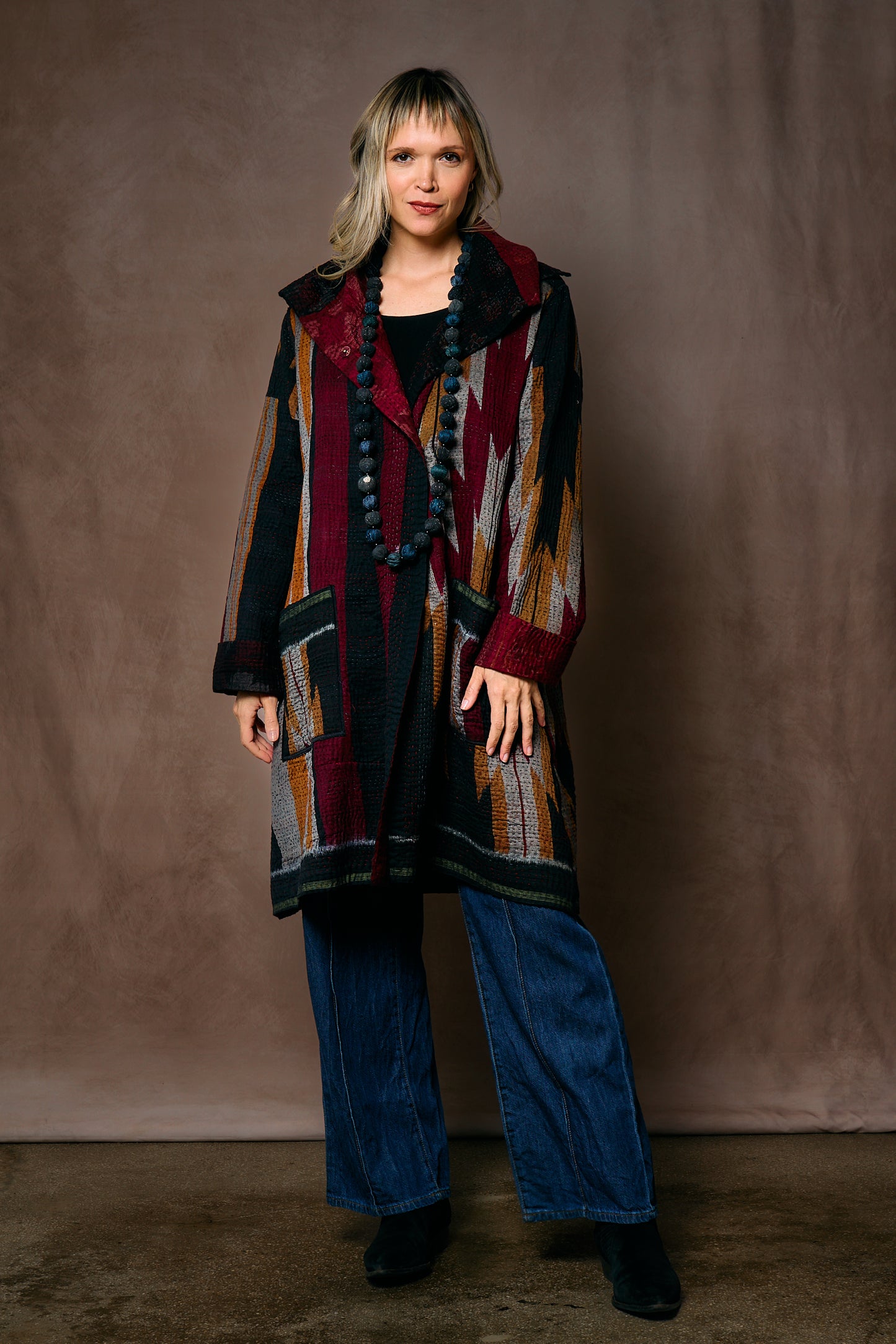 WOVEN HANDLOOM IKAT WITH OMBRE KANTHA POCKET MEDIUM COAT - wh4316-red -