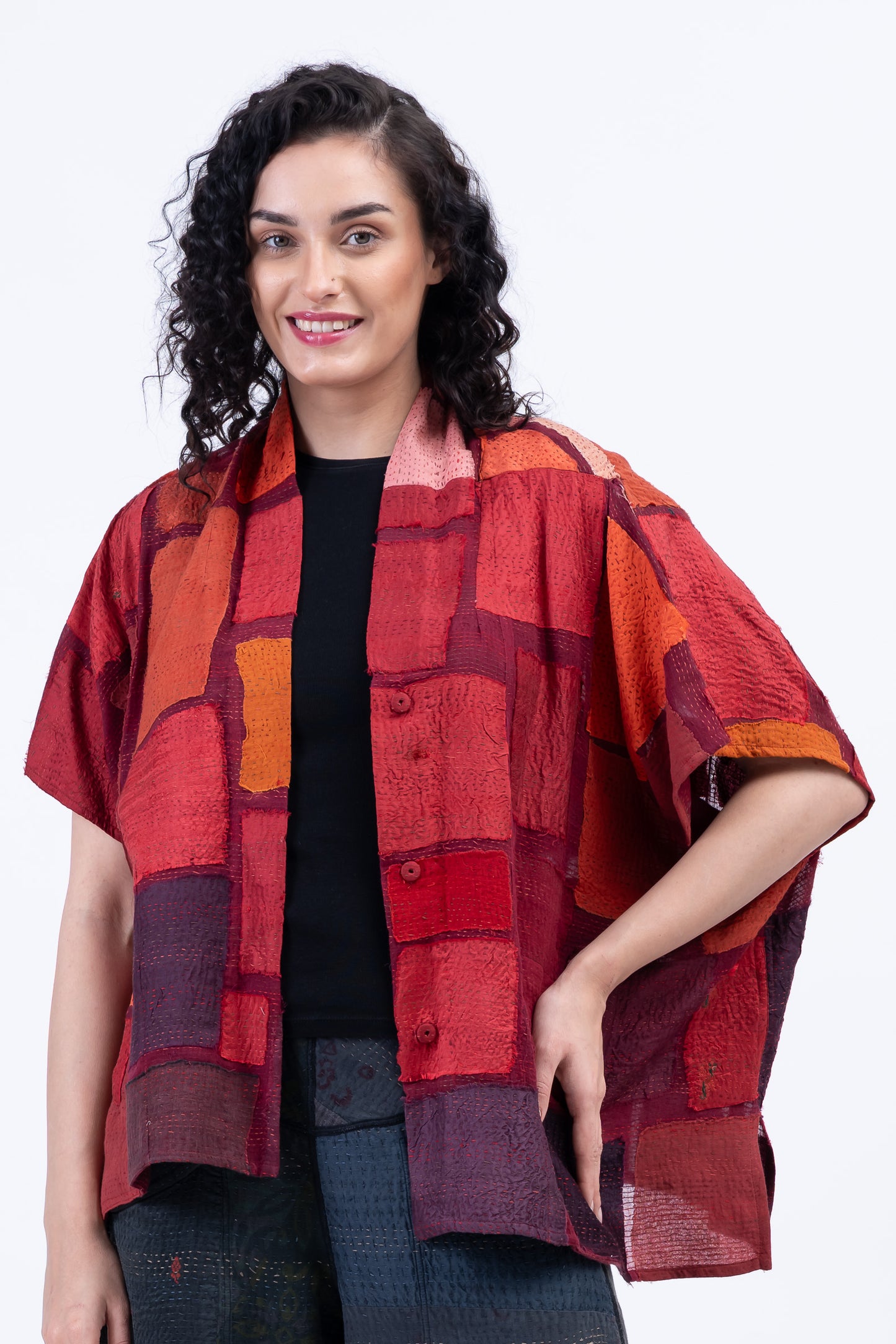 TONAL TILE PATCH KANTHA PONCHO TOP - tt2568-red -