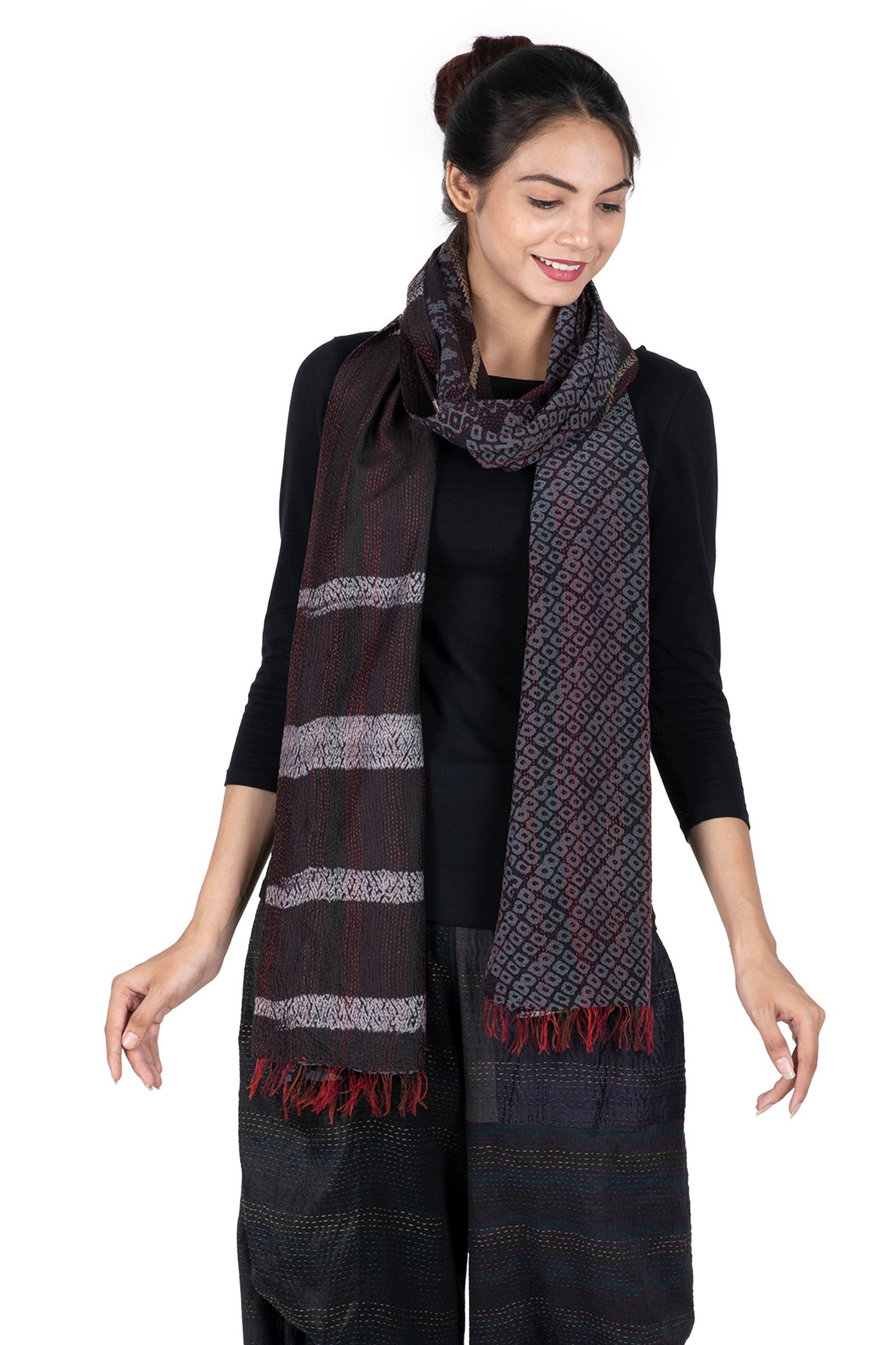 KIMONO PRINT KANTHA SCARF STANDARD - kp2801-blk -