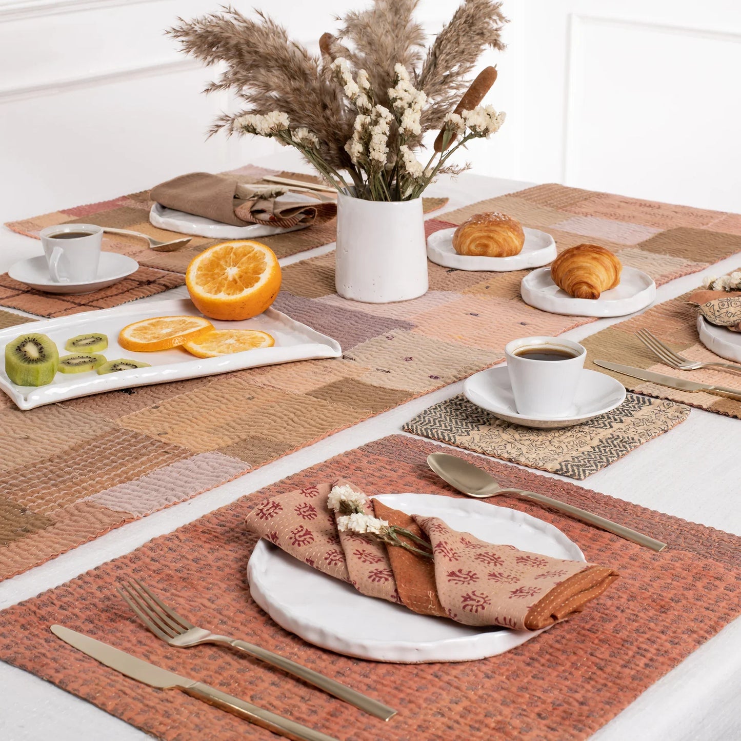 Mosaic Fray  Vintage Kantha Placemat -Mushroom -(Set of 2)