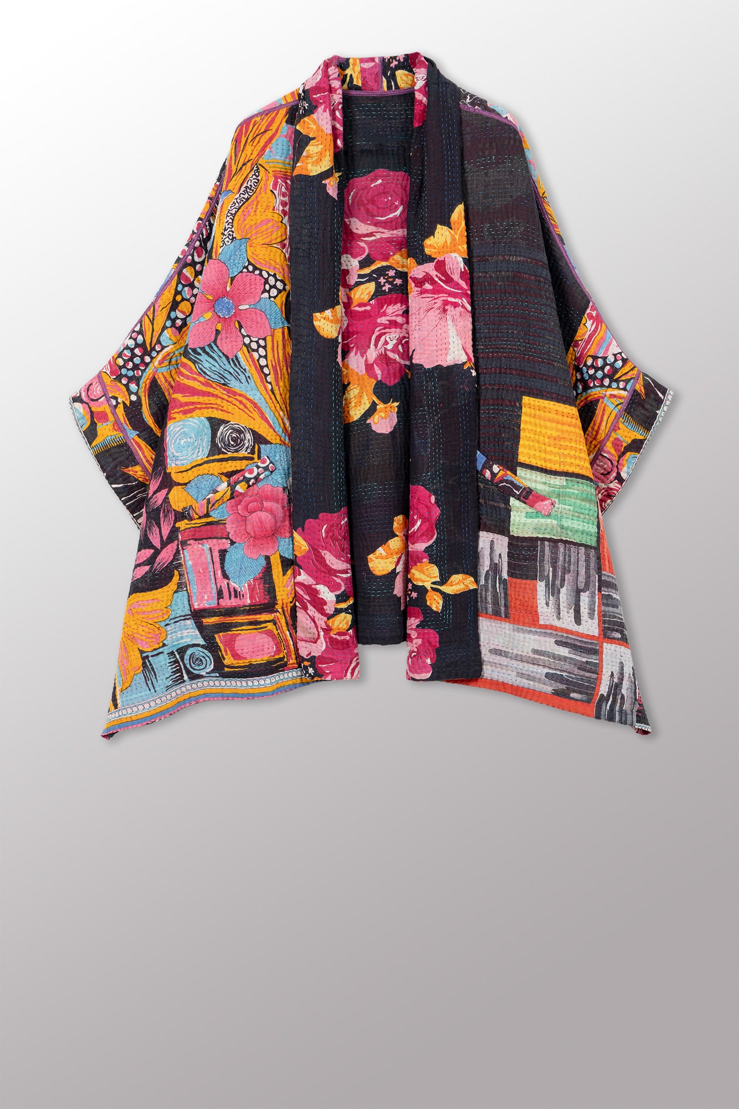 VINTAGE COTTON KANTHA DOUBLE COLLAR PONCHO - cv4323-0062a -