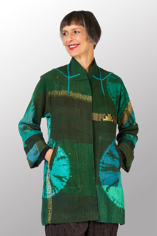 SHIBORI TIE DYE COTTON SILK SW PATCH KANTHA FLARE LONG JKT - st-ws4021-grn -