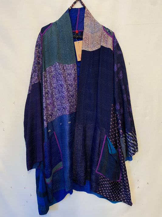 GEORGETTE VINTAGE SILK PATCH KANTHA A-LINE JKT - gs2003-cnvy002w -