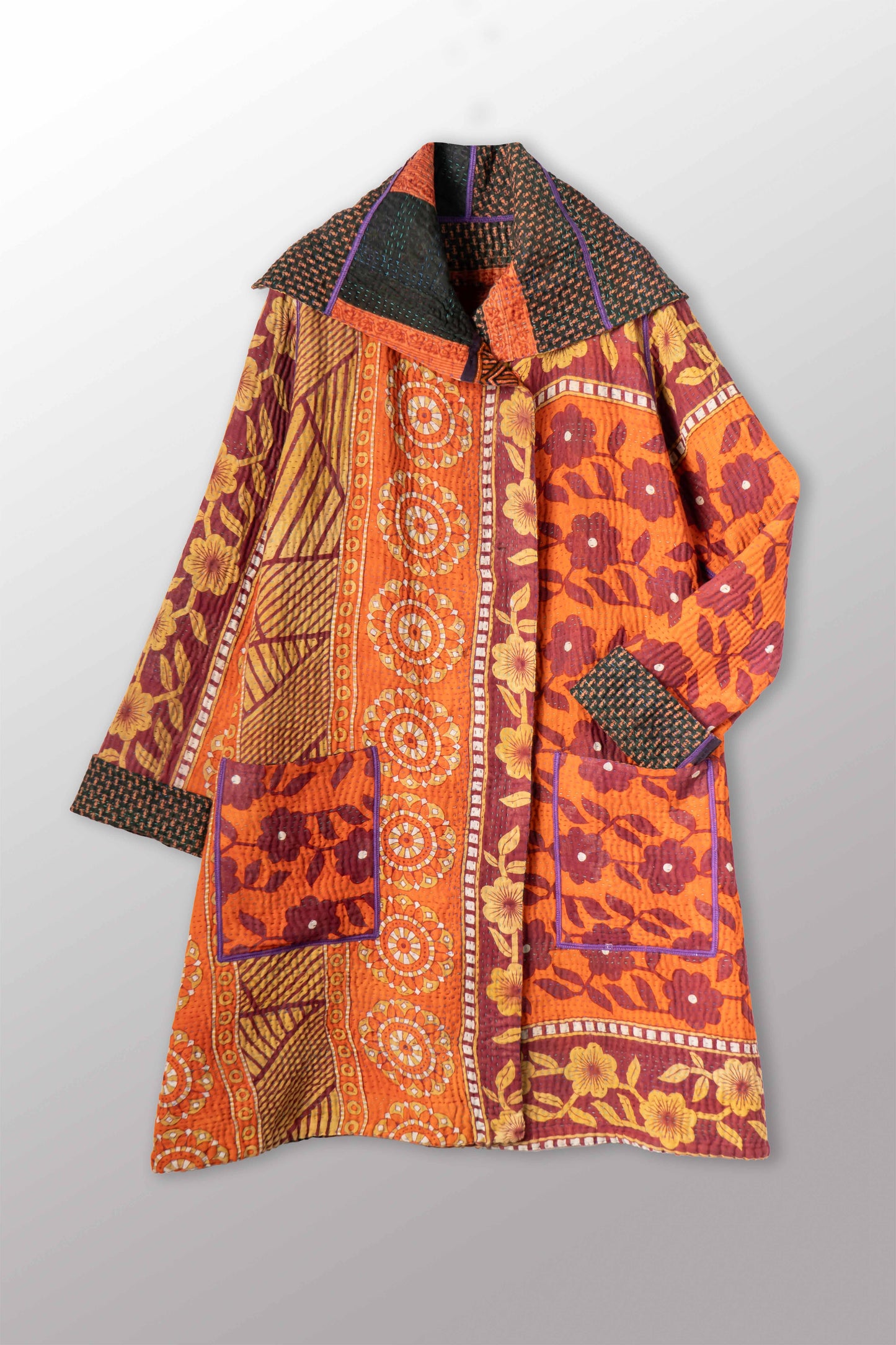 VINTAGE COTTON KANTHA POCKET MEDIUM COAT - cv4316-0046m -