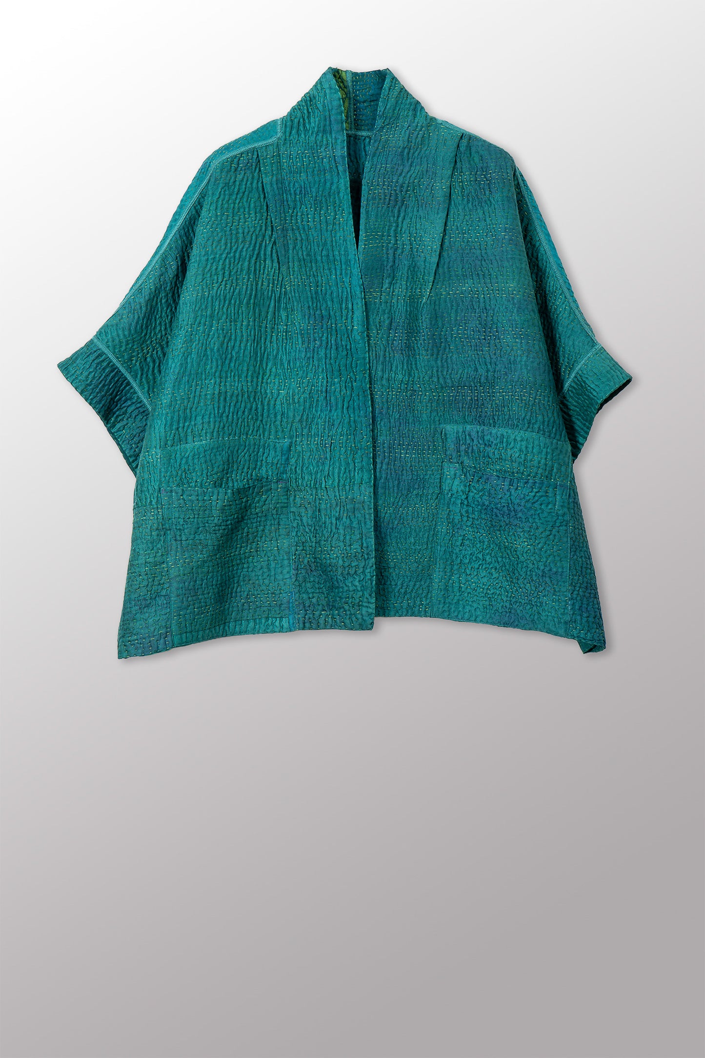 GEORGETTE JACQUARD VINTAGE SILK PATCH KANTHA MINI PONCHO - gj4060-grn -