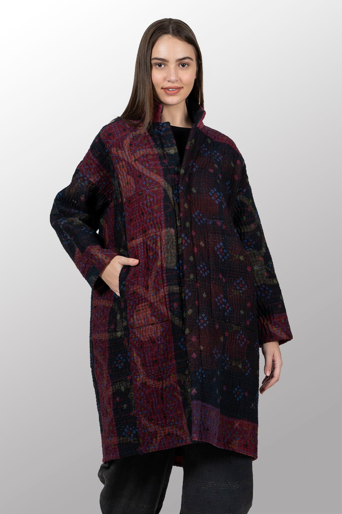 QUILTED OVERDYE COTTON KANTHA OVERSIZED MEDIUM COAT - oq5331-cred002a -