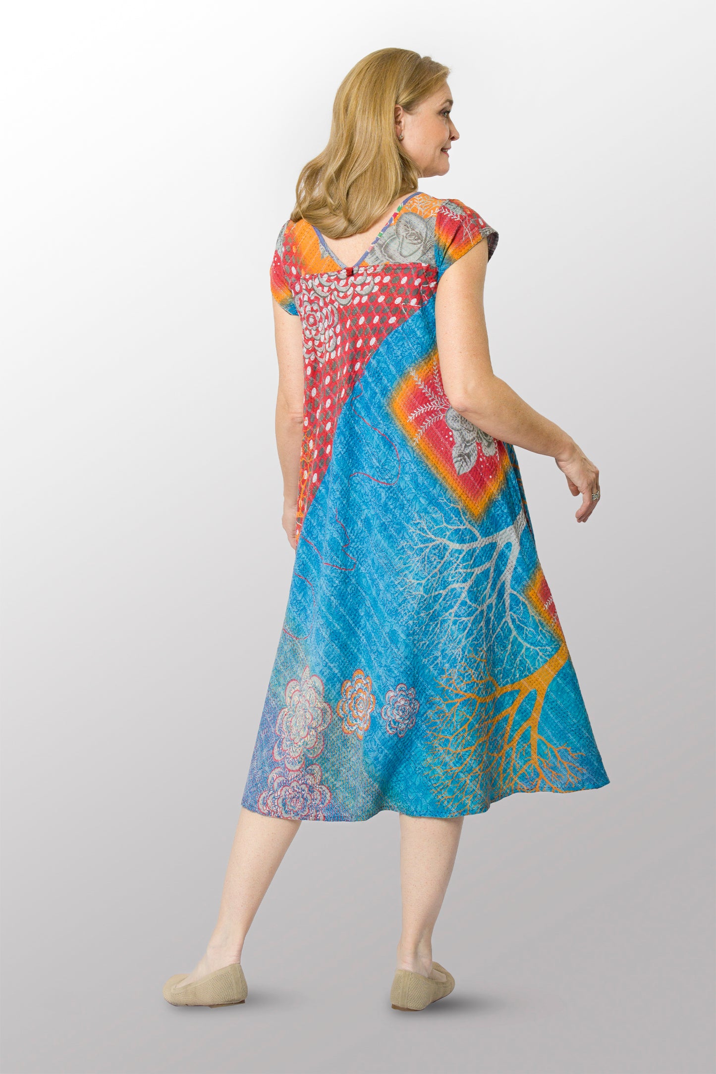 VINTAGE COTTON KANTHA CAP SLV. FLARE DRESS - cv2425-0017m -