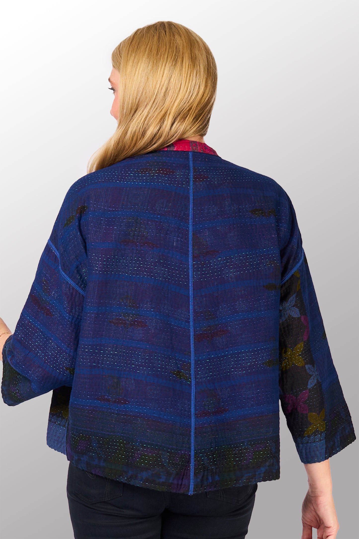 COTTON OVERDYE KANTHA STAND COLLAR CROPPED JKT - ov4034-cblu010a -