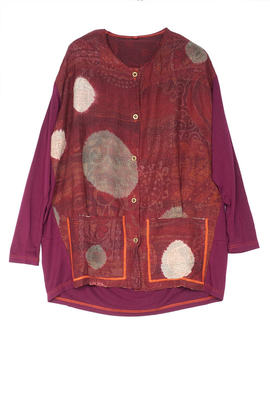 PATCH & CIRCLE PRINT KANTHA AND KNIT LONG JKT - pc2028-red -