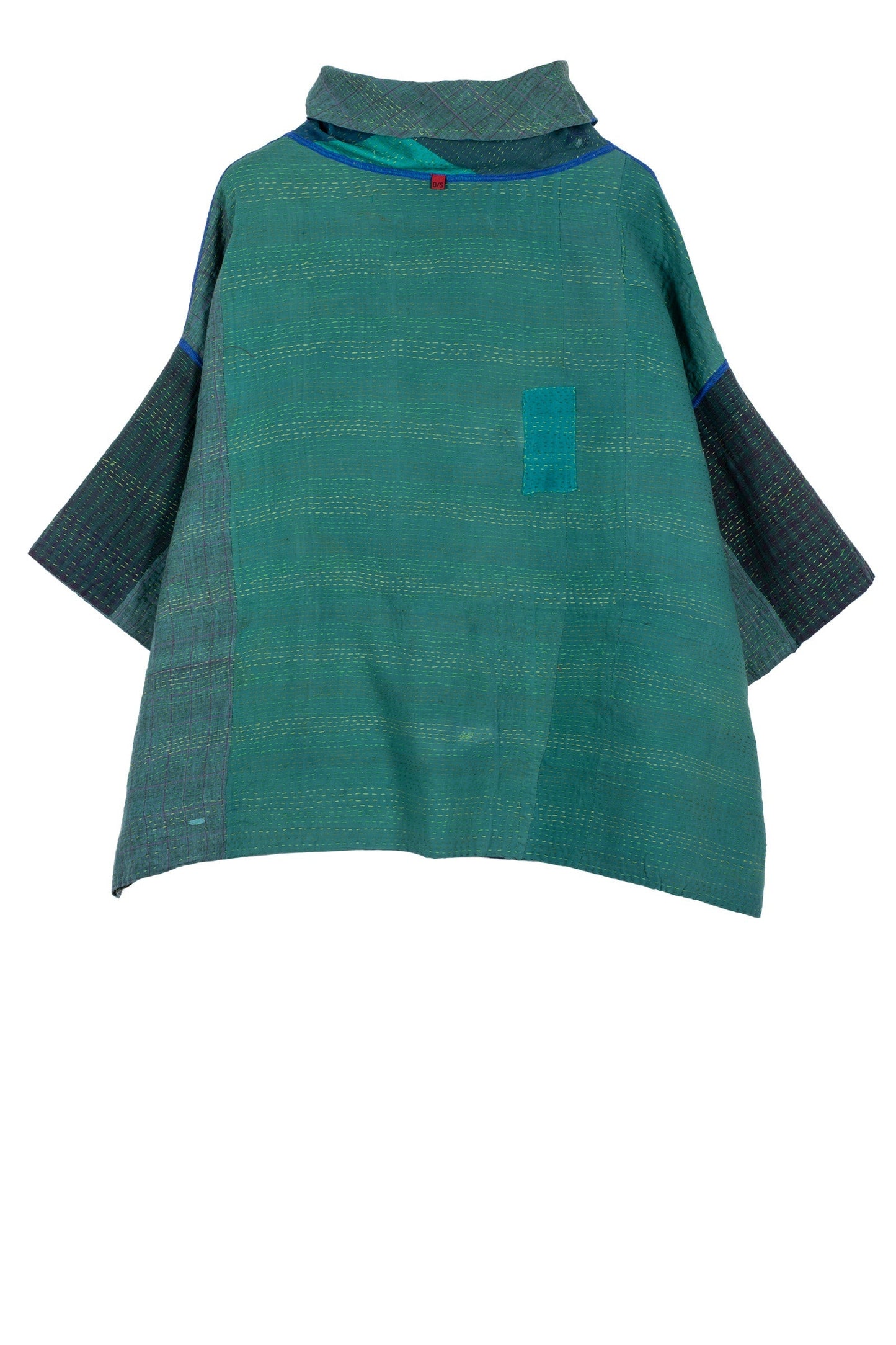 COTTON SILK SW PATCH KANTHA COWL NECK PONCHO - ws2061-tel -