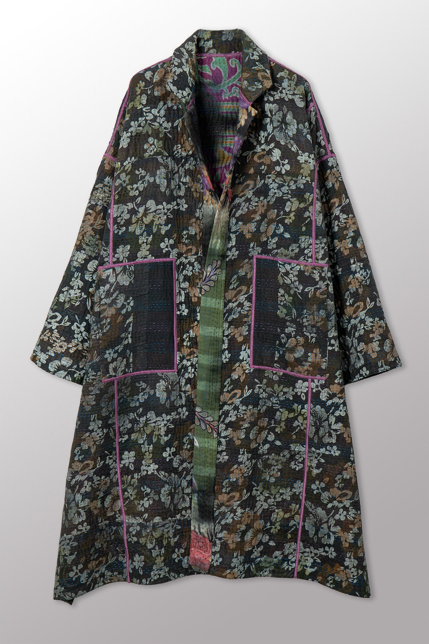 VINTAGE COTTON GREY CLAMP TIE DYE KANTHA  NEW OVERSIZED COAT - su4342-0001a -