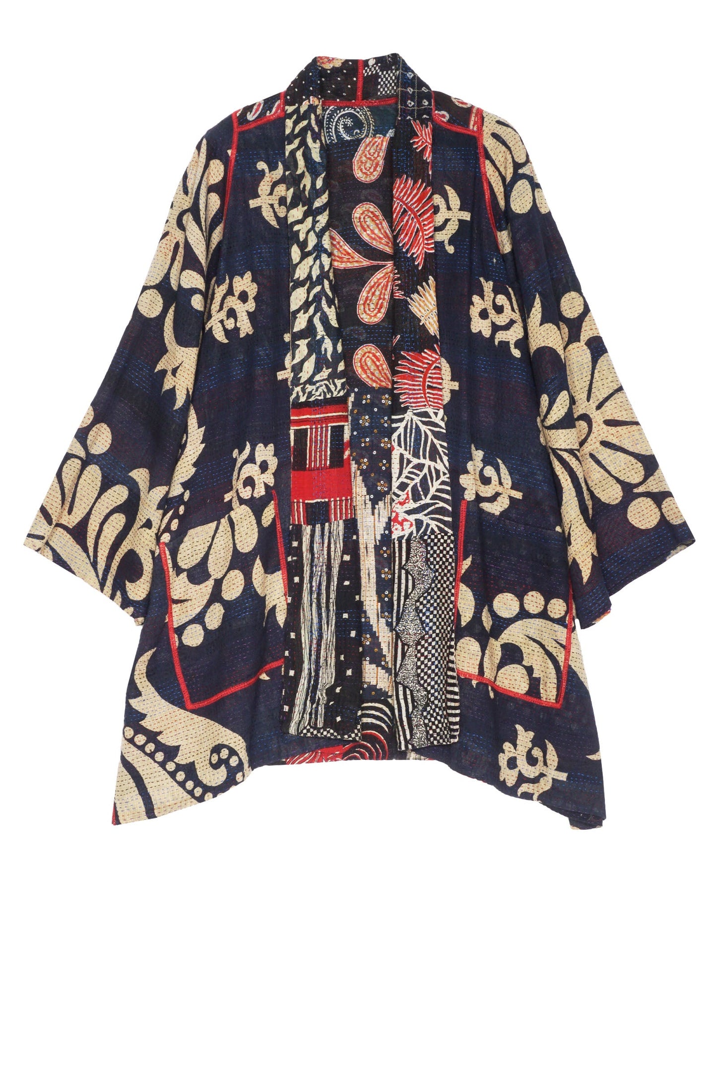 PATCHED PRINT W VINTAGE BACKING KANTHA A-LINE JKT - pv2003-blk -