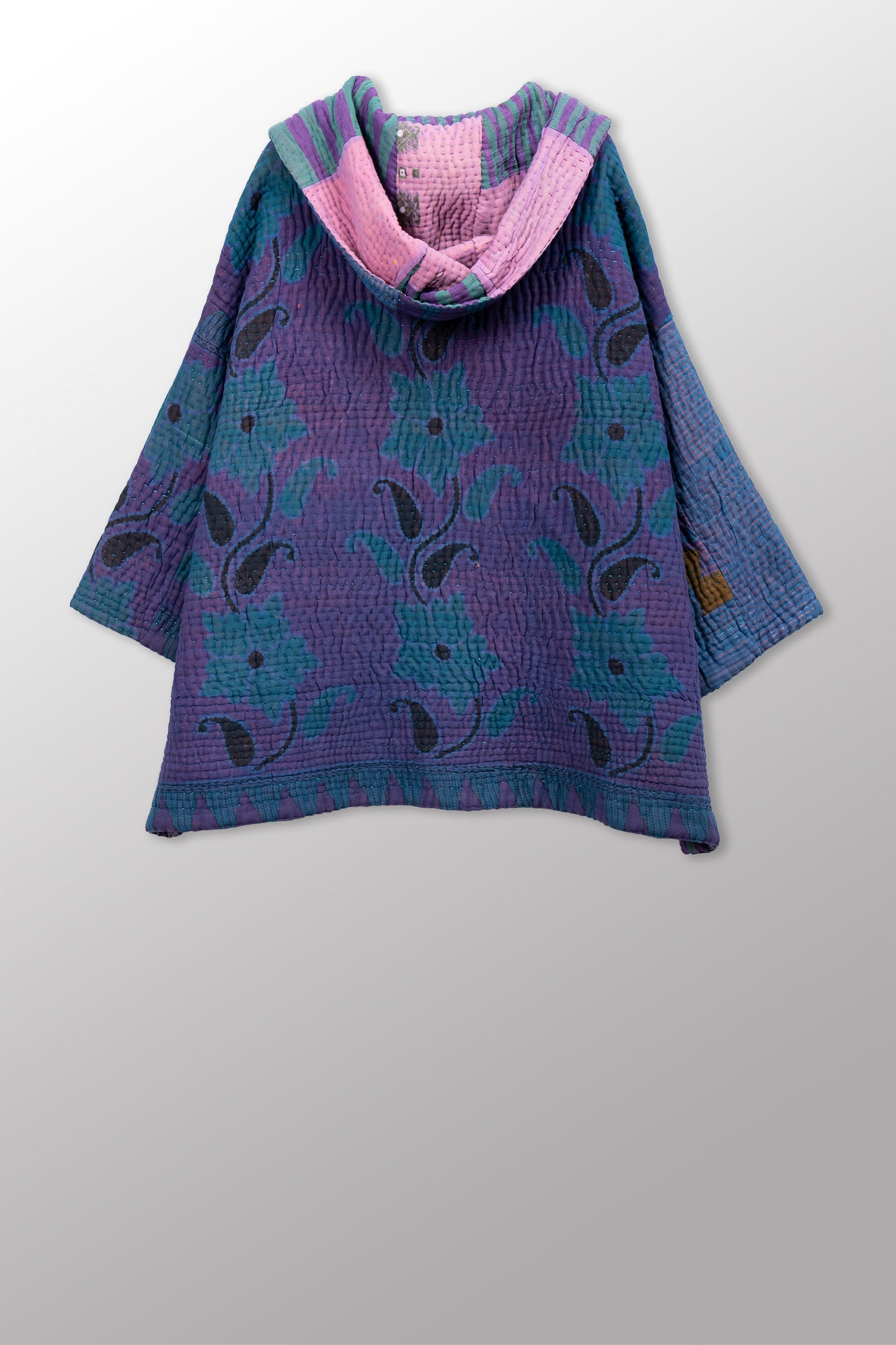 QUILTED OVERDYE COTTON KANTHA HOODIE PONCHO - oq5064-cblu007a -