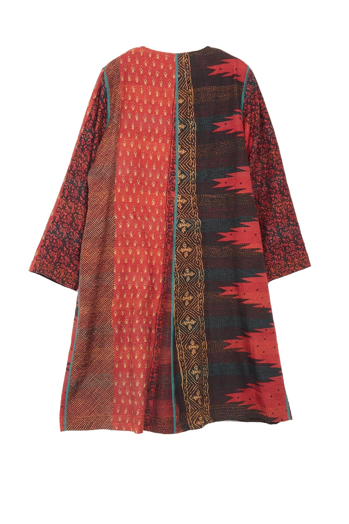 SILK COTTON OMBRE PRINT KANTHA CREW NECK COAT - os2313-red -