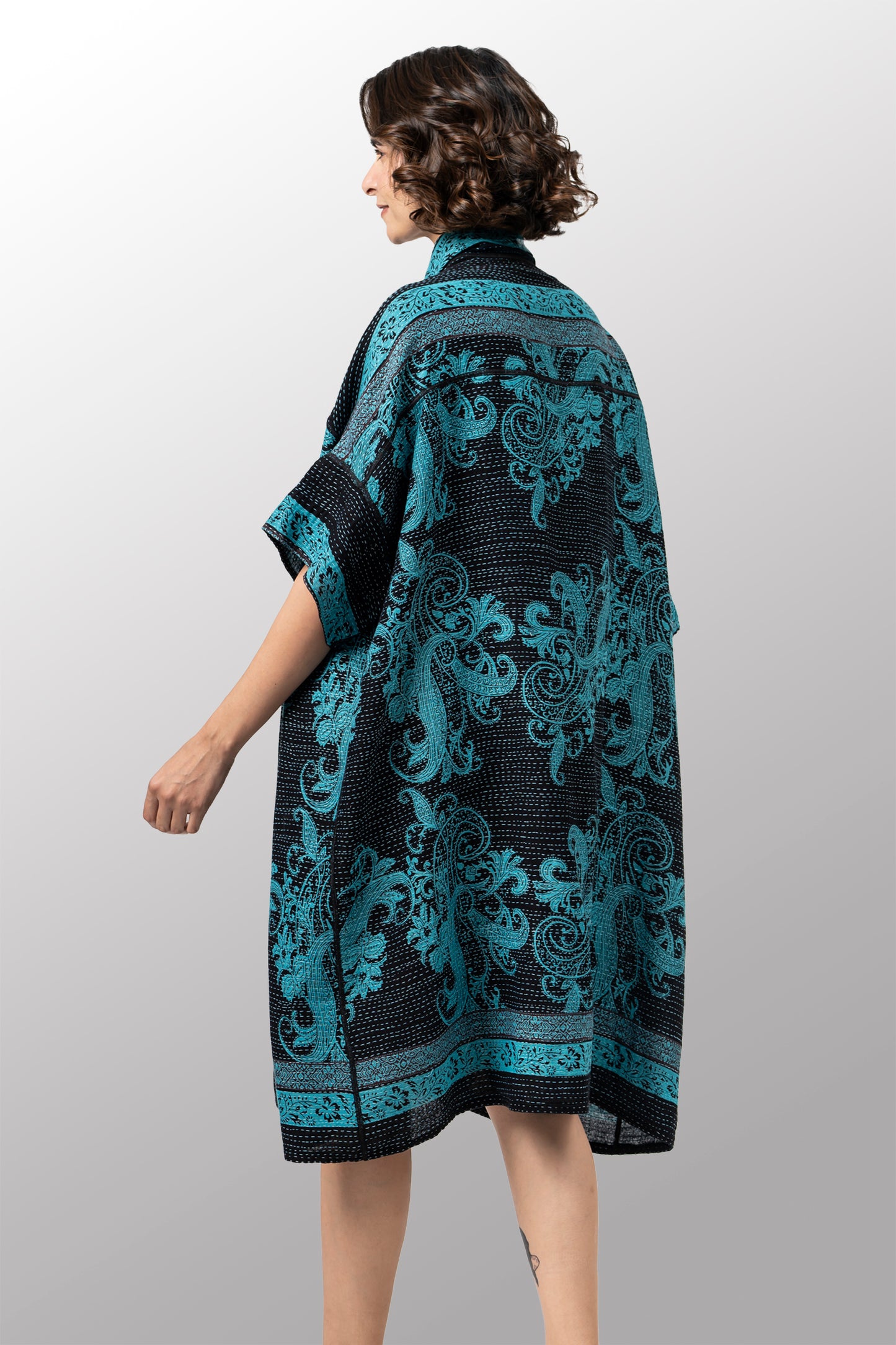 COTTON PAISLEY KANTHA WIDE SHIRT DRESS - cp2448-tel -