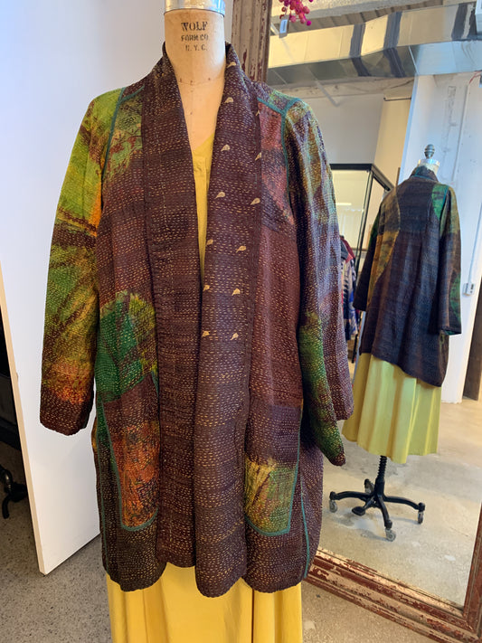 JACQUARD SILK PATCH TIE DYE CIRCLE SHIBORI KANTHA A-LINE JACKET - wj2003-grn -