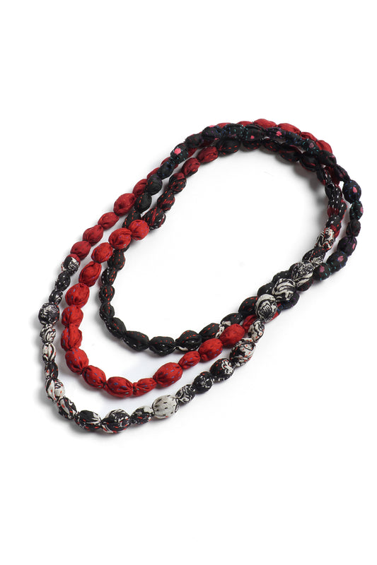 VINTAGE SILK KANTHA TIE-BEADS LONG NECKLACE - sv2707-rlk -